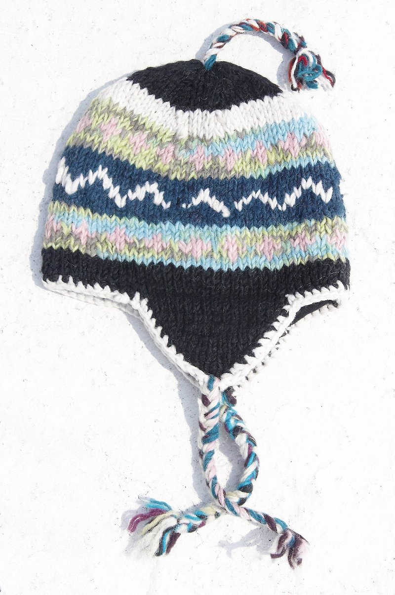Handmade knitted pure wool cap / handmade inner cap / knitted wool cap / flying cap / wool hat - light pink small hills Eastern European ethnic totem - Hats & Caps - Wool Multicolor