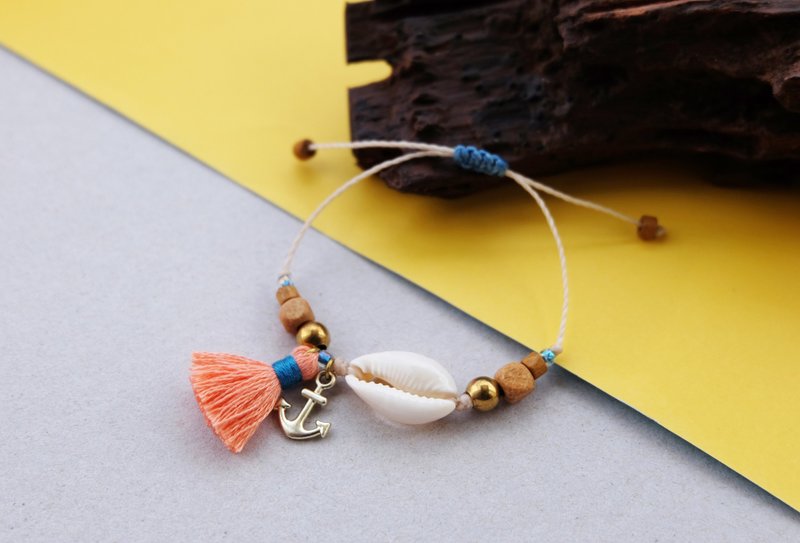 Sea shell with anchor and peach blue tassel beach bracelet - 手鍊/手環 - 聚酯纖維 橘色