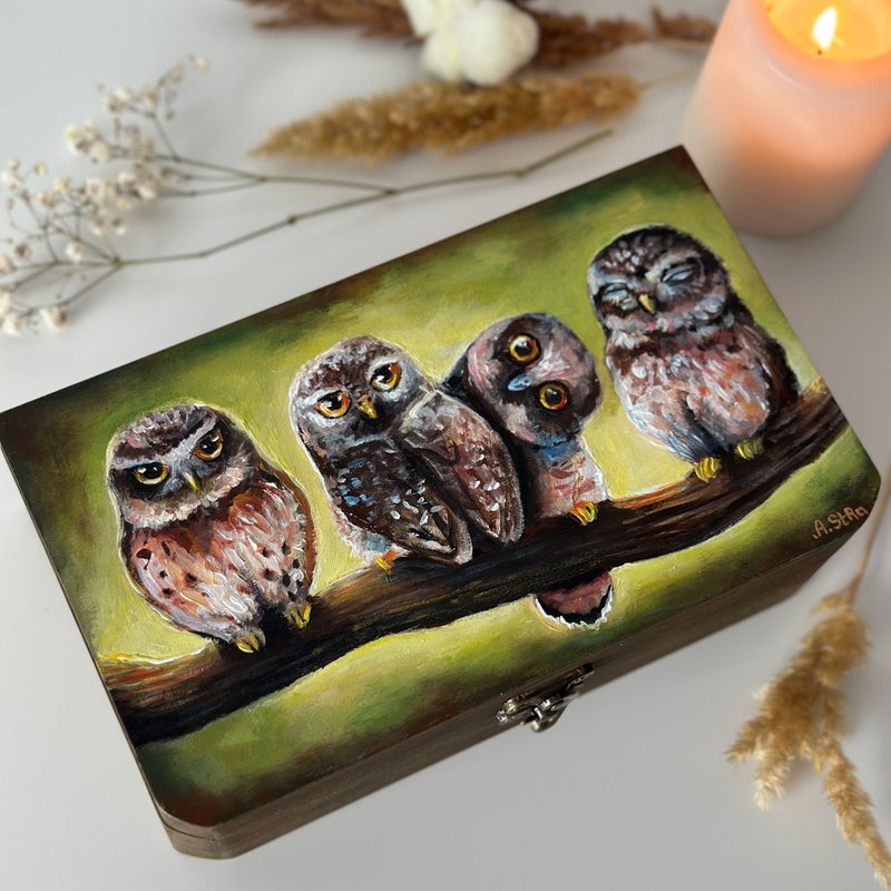 Hand-painted wooden box Owls, Storage box, Jewelry box Bird painting, Owl decor - 居家收納/收納盒/儲物盒 - 木頭 咖啡色