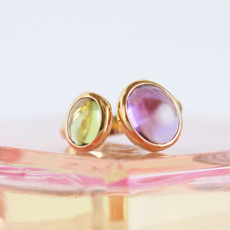 Amethyst/Peridot double stone ring [Made-to-order] - แหวนทั่วไป - เครื่องประดับพลอย สีม่วง