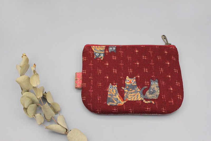 Heian Xiaole Purse-Blessed Cat - กระเป๋าสตางค์ - ผ้าฝ้าย/ผ้าลินิน สีแดง