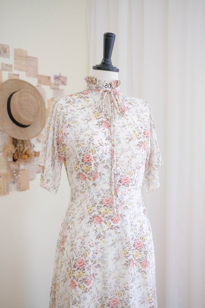 Creamy floral maxi dress Vintage bridesmaid dress Autumn floral dress - 洋裝/連身裙 - 聚酯纖維 黃色