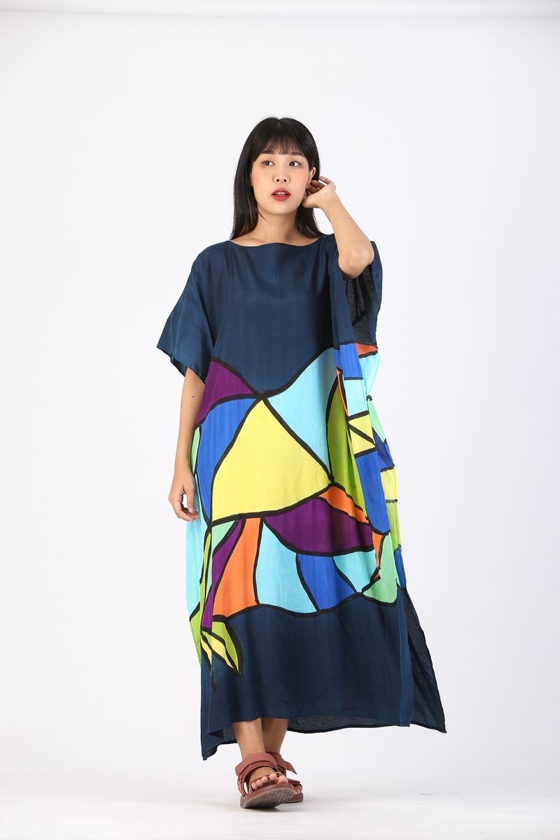 Hand Painted Cotton Silk Kaftan for Summer Resort Vacation - 洋裝/連身裙 - 棉．麻 藍色