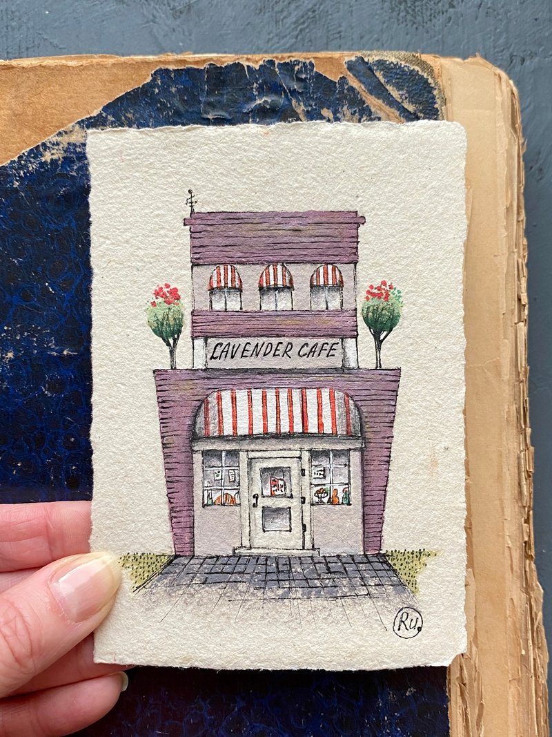 Lavender cafe painting Original art Mini artwork on recycled paper by Rubinova - โปสเตอร์ - กระดาษ หลากหลายสี