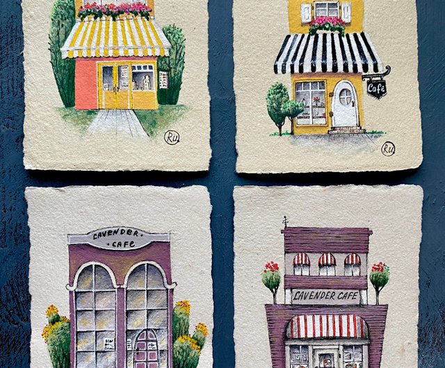 ミニマリストのモダンな手描きの風景油絵x5