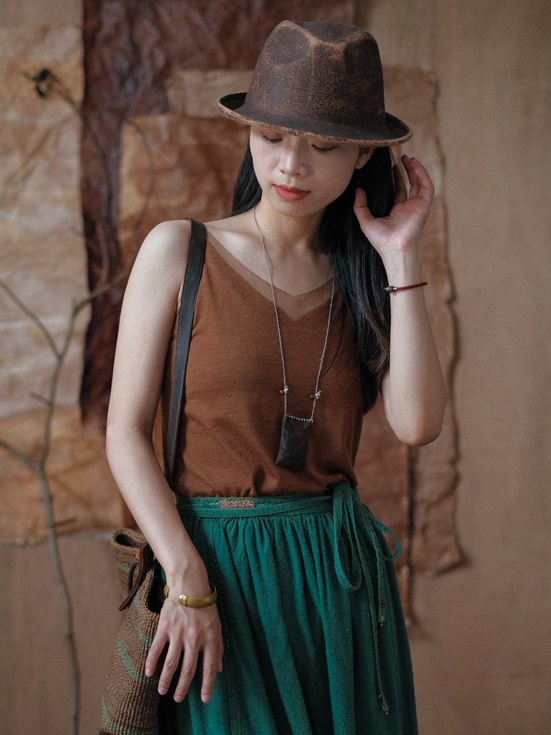 4-color wool eugenie silk splicing spaghetti strap top knitted versatile camisole - Women's Vests - Wool Brown