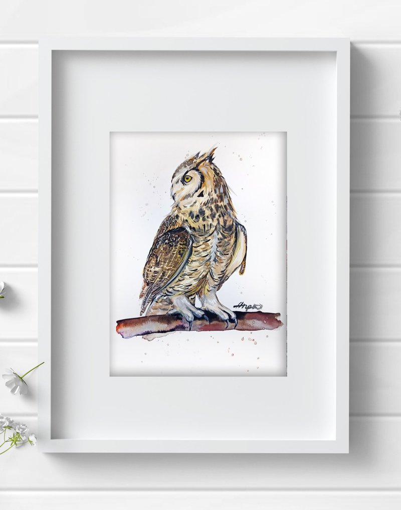Watercolor original art owl bird room decor painting by Anne Gorywine - ตกแต่งผนัง - กระดาษ ขาว