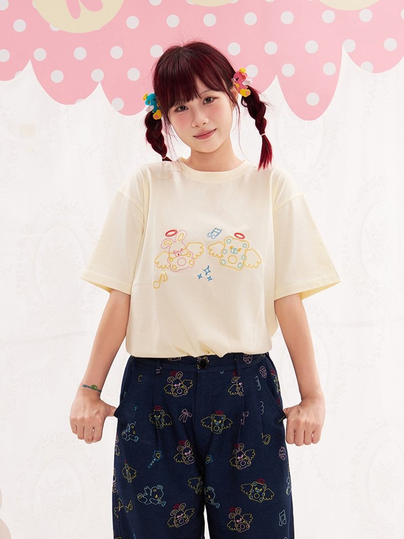 動物天使刺繡T恤短袖 可愛純棉夏裝卡通 - 女 T 恤 - 棉．麻 多色