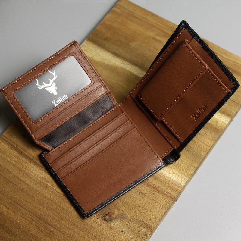 【NEW】Sveinn 雙折零錢袋真皮短夾 | 黑配棕 | 手寫刻字可 - 錢包/皮夾/長短夾 - 真皮 咖啡色