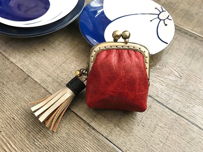 POPO │ ice cracked red │ mini gold tassel purse │ leather - Coin Purses - Genuine Leather Red