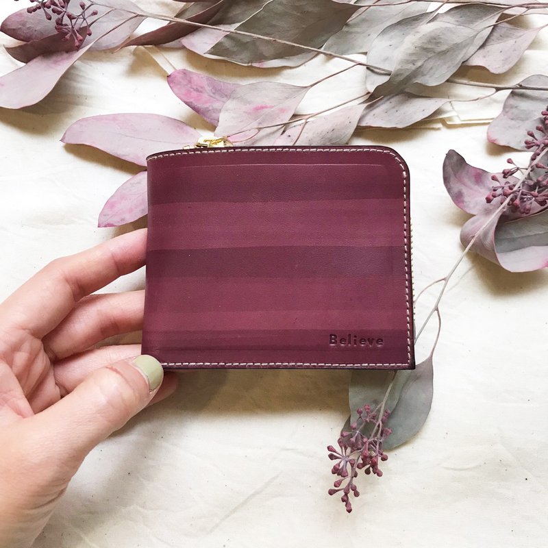 Vegetable Tanned Leather Short Clip_4 Card Layers_Detachable Coin Bag_Raspberry - กระเป๋าสตางค์ - หนังแท้ สีม่วง