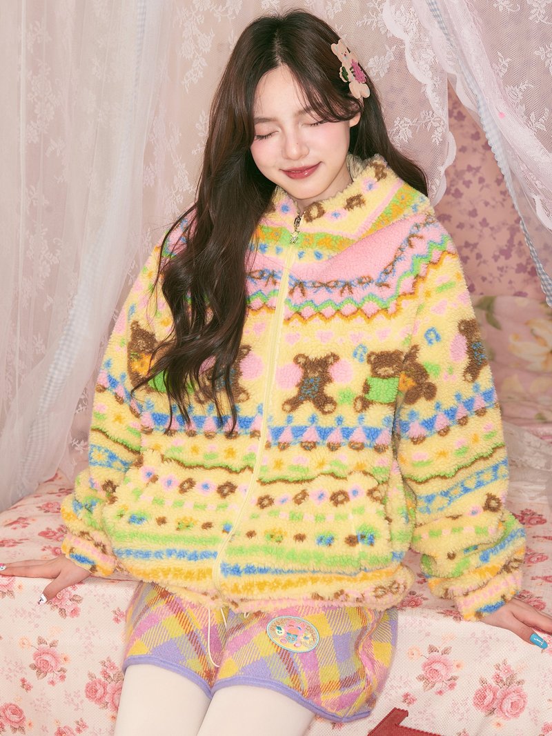 黃色小熊幾何搖粒絨毛絨外套保暖可愛童趣 - 女西裝外套 - 其他材質 多色