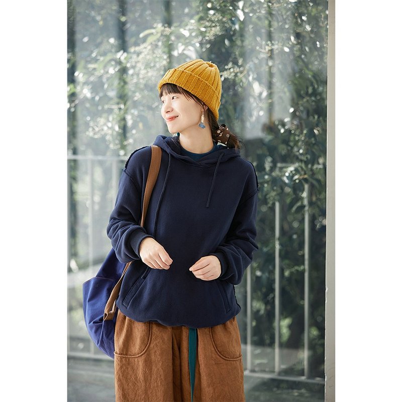 深海藍高端百搭休閒加絨加厚保暖連帽衛衣外套 - 女上衣/長袖上衣 - 棉．麻 