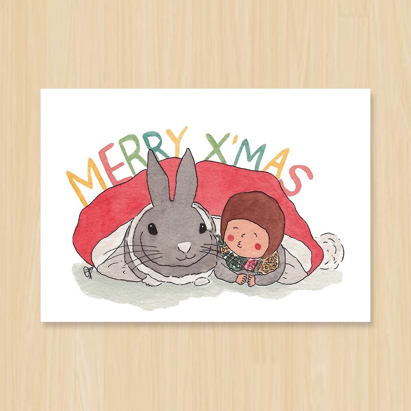 白板兔聖誕帽 / 聖誕節 / 句點明信片 - 心意卡/卡片 - 紙 紅色