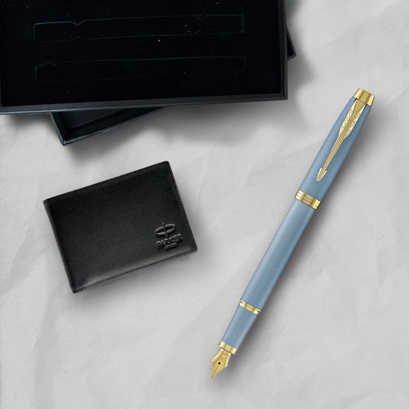 PARKER New IM Metal Series Aqua Blue Fountain Pen Cowhide Short Clip Gift Box with Free Engraving - ปากกาหมึกซึม - วัสดุอื่นๆ สีน้ำเงิน