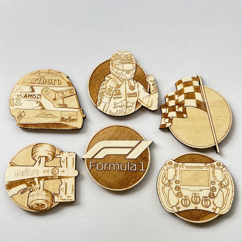 Formula 1 Wooden Coaster Set – F1 Racing Themed Wooden Coasters - Gift - ที่รองแก้ว - ไม้ 