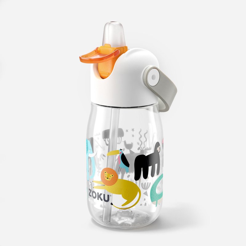 ZOKU Kids Flip Straw Bottle 400ml - Clear Safari Straw Cleaning Brush Included - กระติกน้ำ - ซิลิคอน ขาว