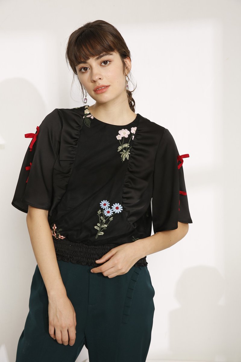 Short embroidered bow top--black--no lining - Women's Tops - Polyester Black