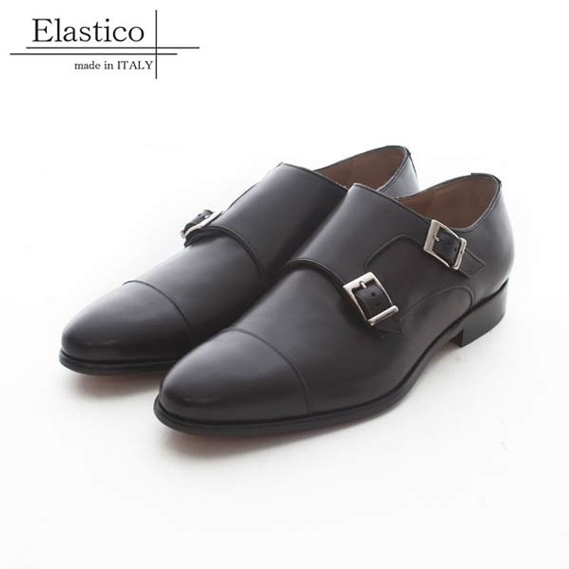 Elastico Italian-made classic cross-decorated Monk leather shoes #283 gentleman black-ARGIS handmade in Japan - รองเท้าหนังผู้ชาย - หนังแท้ สีดำ