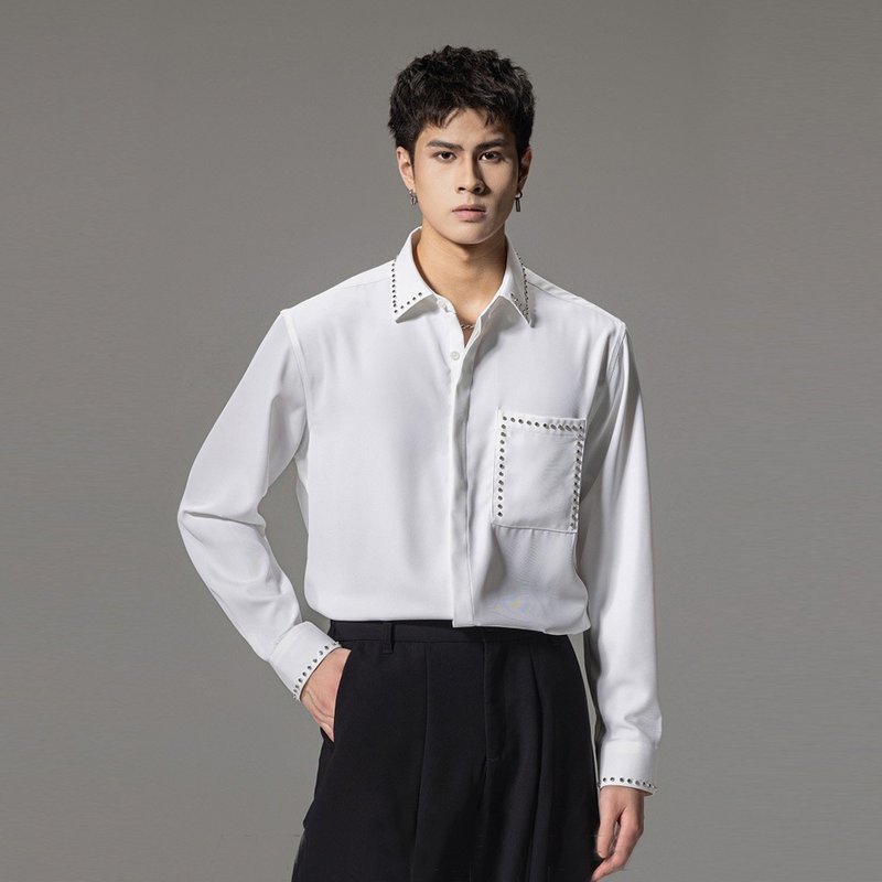 Men's pointed collar casual long sleeve shirt spring casual top - เสื้อเชิ้ตผู้ชาย - เส้นใยสังเคราะห์ 