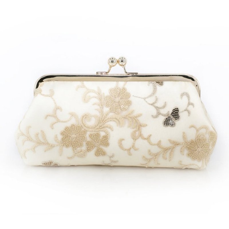 Handmade Clutch Bag in Ivory | Gift for mom, bridal, bridesmaids | embroidery and gold/beige sequins - อื่นๆ - ผ้าไหม ขาว