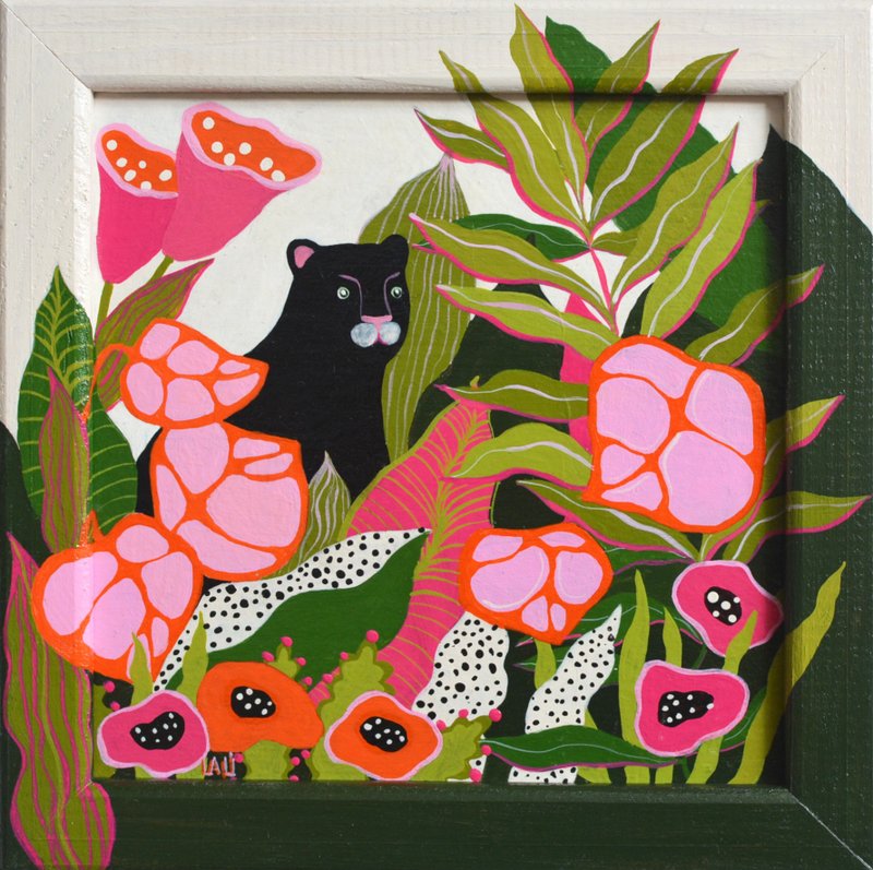 黑色捷豹原創壓克力畫 15x15cm 公分黑豹豹叢林藝術 - 插畫/繪畫/寫字 - 其他材質 綠色
