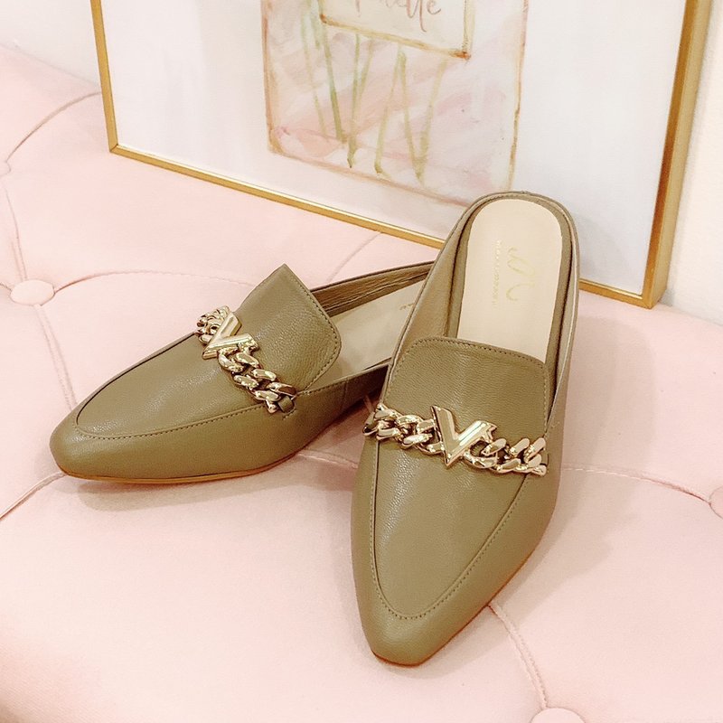 Fashion gold chain V sheepskin mules - gray taro (customizable) - Sandals - Genuine Leather 