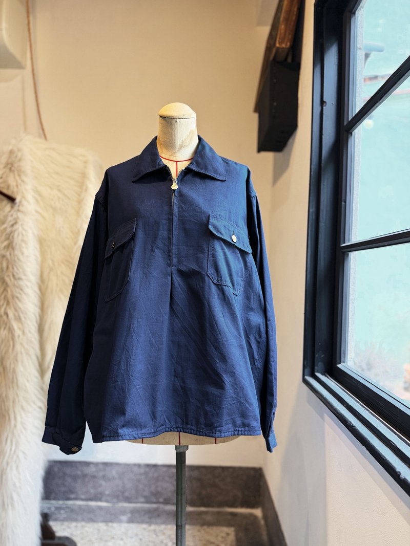 深藍色半拉鏈式古著罩衫上衣 Frustrates Sweden work shirt - 女上衣/長袖上衣 - 棉．麻 藍色