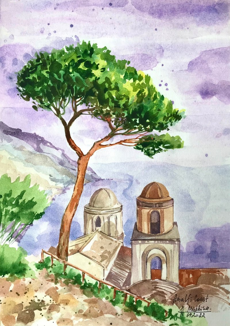 Amalfi art Italy Original painting watercolor by AnaMuStudio - ตกแต่งผนัง - กระดาษ สีม่วง