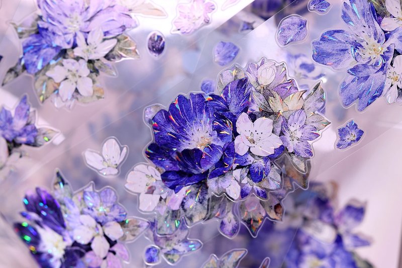 瀾嶼   復古藍紫花卉和紙PET貝殼光切模手帳咕卡膠帶 - 紙膠帶/和紙/PET - 紙 多色