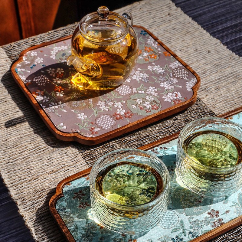 日式花布乾泡盤|雙面花布|２種尺寸 - 茶壺/茶杯/茶具 - 木頭 咖啡色