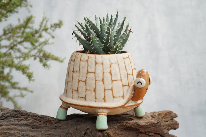 Turtle plant pot handmade ceramic - 花瓶/花器 - 陶 咖啡色
