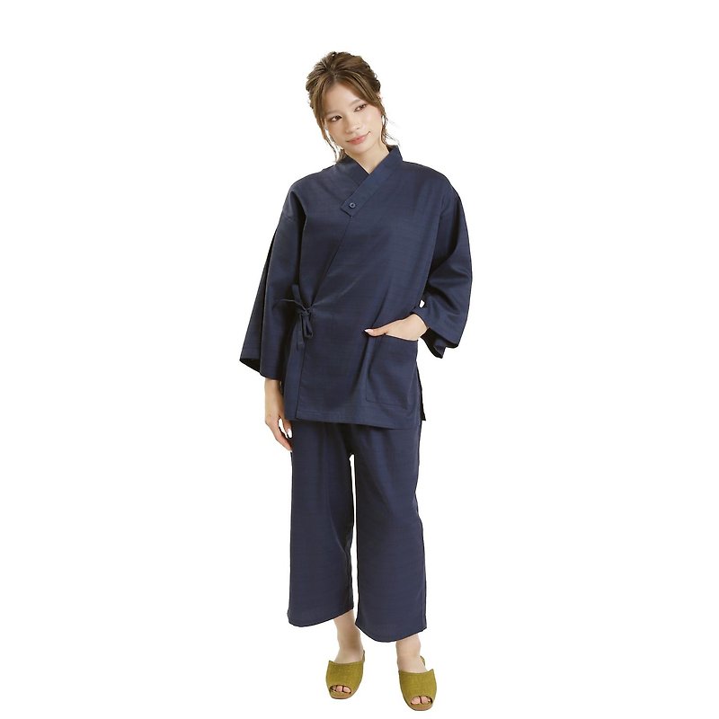 日本 和服 作務衣 套裝 日式 休閒 室內服 甚平 睡衣 S/F/LL 深藍 - 睡衣/家居服 - 棉．麻 藍色