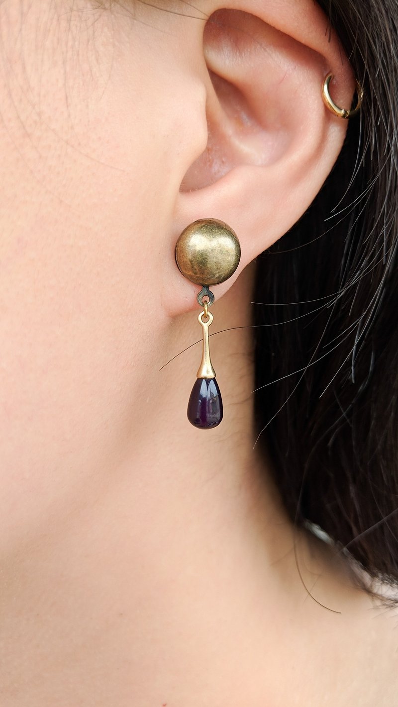 黃銅耳針式紫水晶耳環 - 耳環/耳夾 - 寶石 紫色