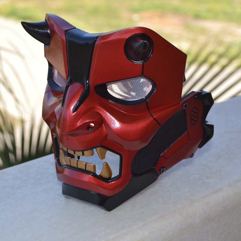 Red Oni Mask Full Face, Red Hood Mask, Cyberpunk Mask, Halloween Mask, Samurai. - 口罩/口罩收納套 - 塑膠 紅色
