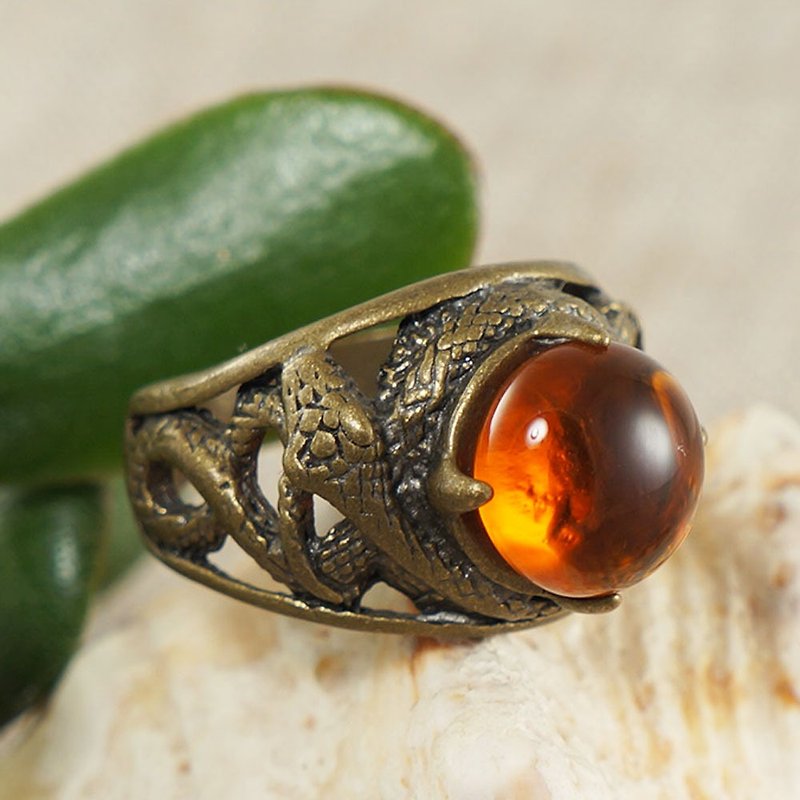 Orange Fire Red Glass Bronze Snake Unisex Adjustable Free Size Ring Jewelry Gift - 戒指 - 玻璃 橘色