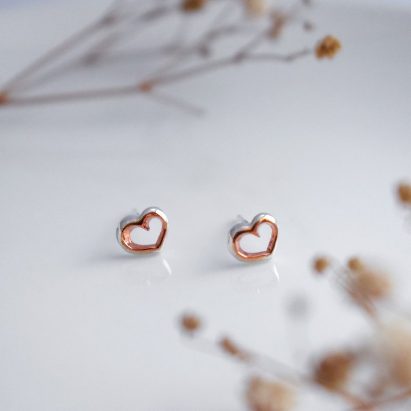 【Handmade】Different Small Series - Heart Stud Earrings (Rose Gold Two-color Jewelry Plating Version) - Earrings & Clip-ons - Sterling Silver Silver