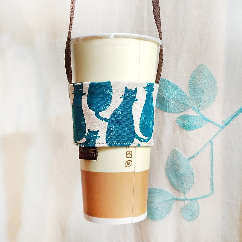 ハンド両面環境保護袋、吸収ドリンクコーヒーバッグかわいいキティの猫塗装緑の紙[] [D-24] - ドリンクホルダー - コットン・麻 ブルー
