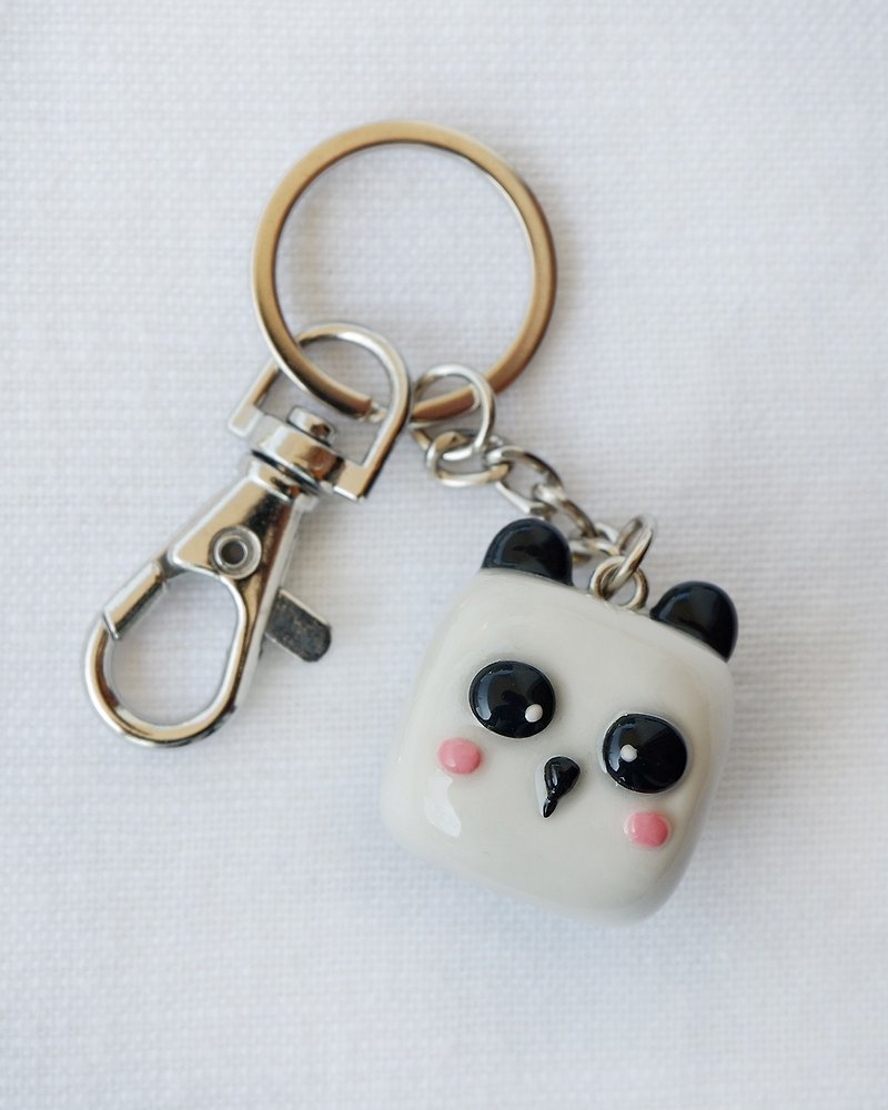 Pottery Keychains White - Handmade Cube Polymer Clay Panda Keychain