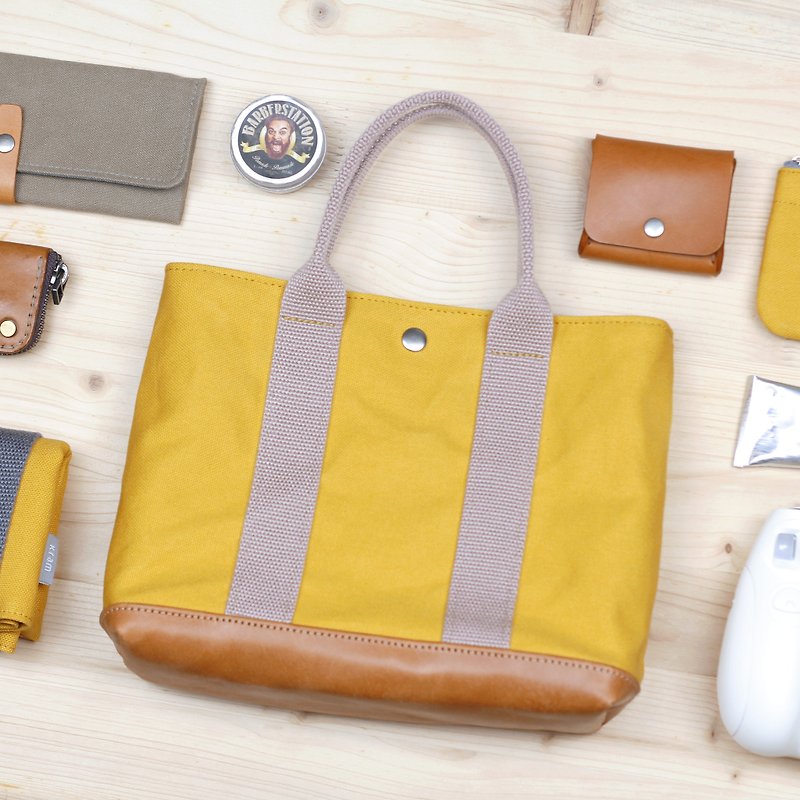 Double webbing leather 2-way bag/Japanese canvas - mustard yellow - Handbags & Totes - Cotton & Hemp Orange