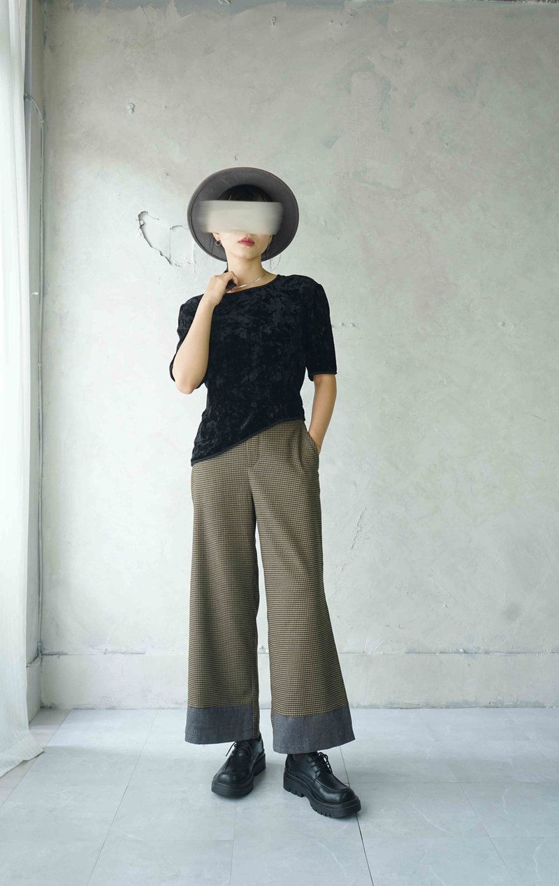 Treasure hunt vintage-classic brown houndstooth hem color-blocked straight wide pants - กางเกงขายาว - เส้นใยสังเคราะห์ สีกากี