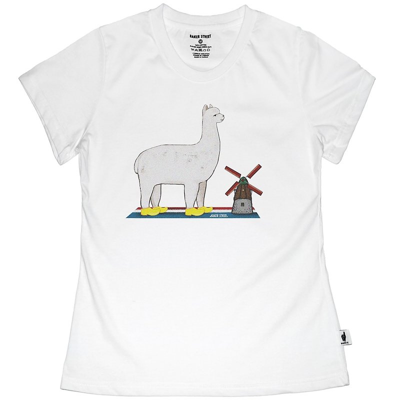 British Fashion Brand -Baker Street- Alpaca in Holland Printed T-shirt - Women's T-Shirts - Cotton & Hemp White