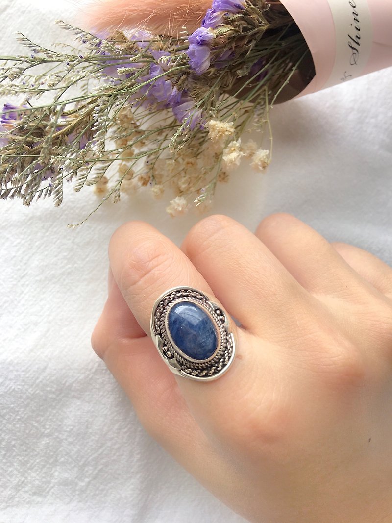 藍晶石925純銀繩索花邊戒指  - 戒指 - 寶石 銀色