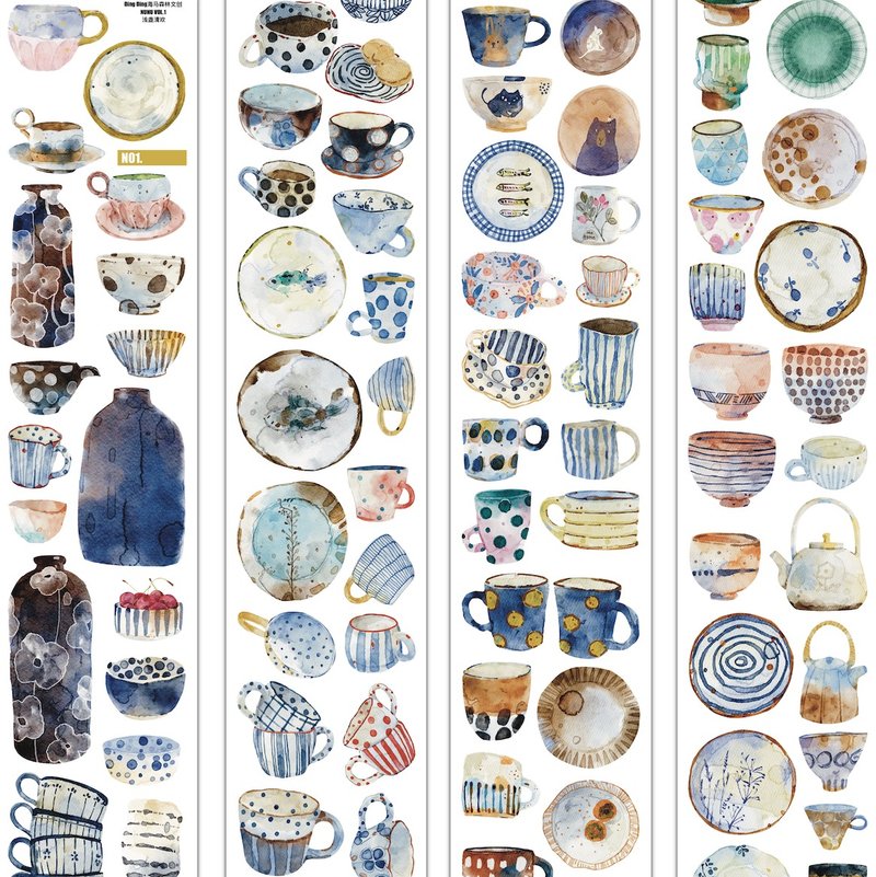 淺盞清歡 癒やし系の食器たち PET 和紙膠帶 5米卷 (kiss-cut) - 紙膠帶/和紙/PET - 其他材質 黑色