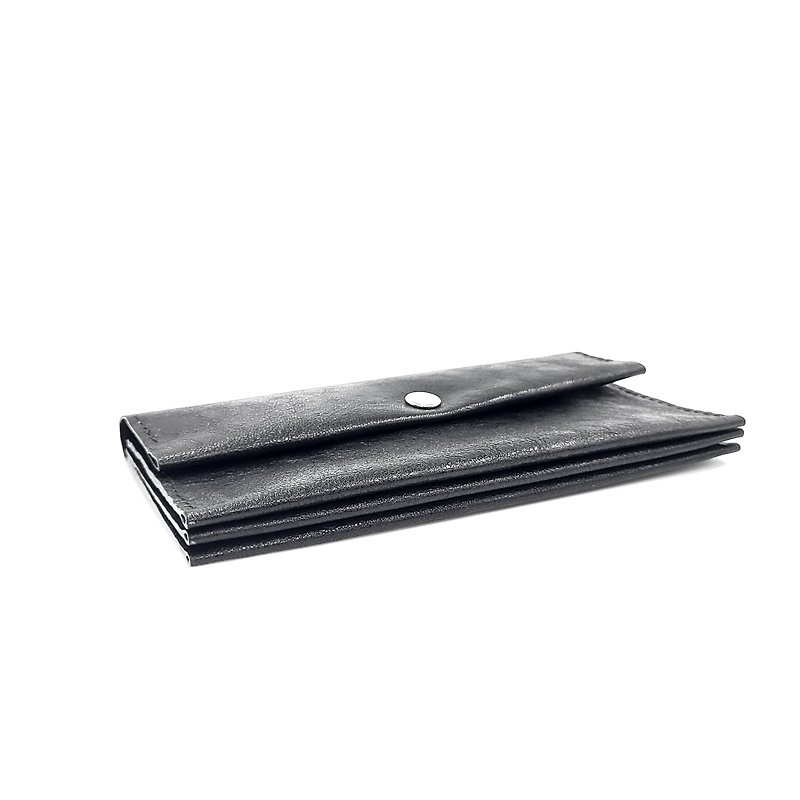 Genuine leather long clip starry sky black three-fold ultra-light sheepskin long clip - กระเป๋าสตางค์ - หนังแท้ สีดำ