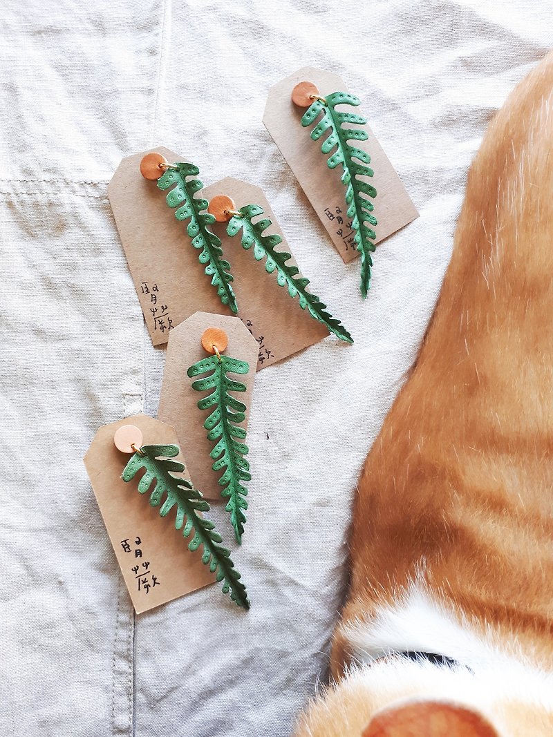 Fern Earrings (Single Side)_Hand Cut Shaped Vegetable Tanned Leather - Earrings & Clip-ons - Genuine Leather Green