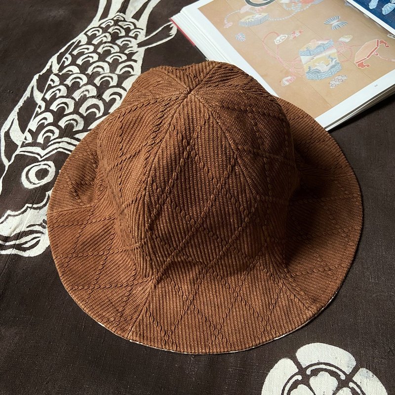 MajorFolk yam dyed kendo uniform sashiko handmade retro floral Japanese bucket hat - Hats & Caps - Cotton & Hemp Brown