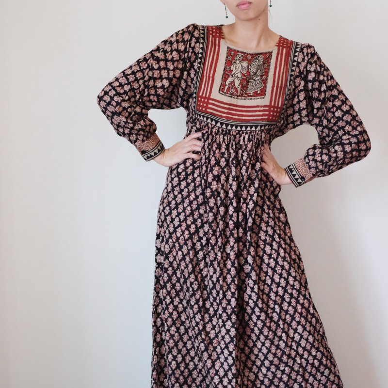 Vintage 70s Indian dress 古著逸品 70年代嬉皮印度蓋印棉洋裝 - 裙子/長裙 - 棉．麻 