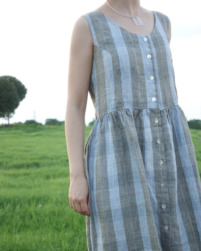 亞麻色織格紋連衣裙 - 洋裝/連身裙 - 棉．麻 藍色