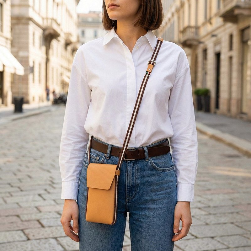 COZI - กระเป๋าสะพายข้างสำหรับโทรศัพท์มือถือทำจากหนังฟอกฝาด 100% พร้อมสายสะพายลาย - เคส/ซองมือถือ - หนังแท้ สีนำ้ตาล